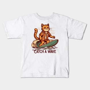 Cartoon Mascot Cat Surfing Kids T-Shirt